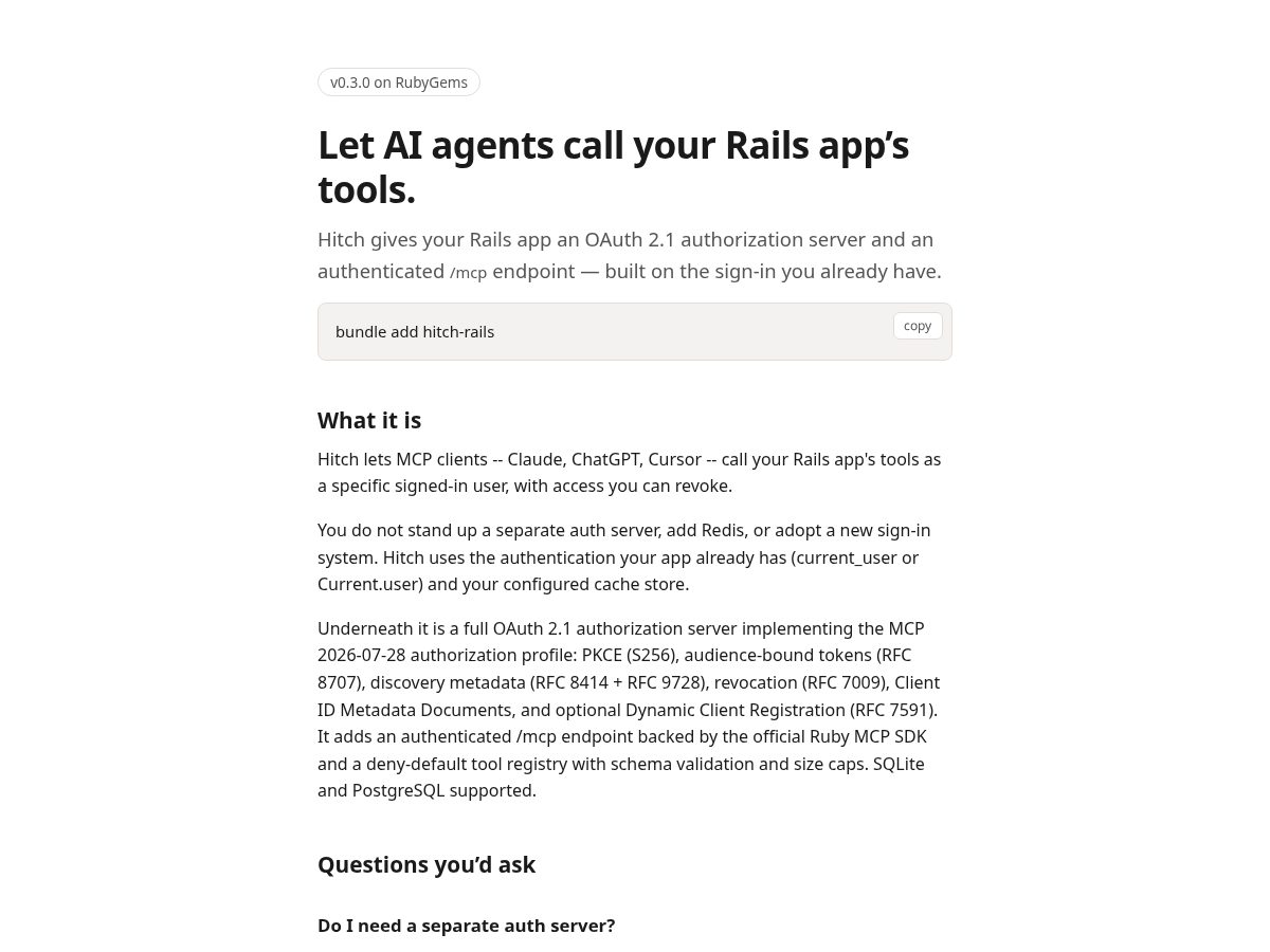 Landing-page snapshot of hitch-rails.com
