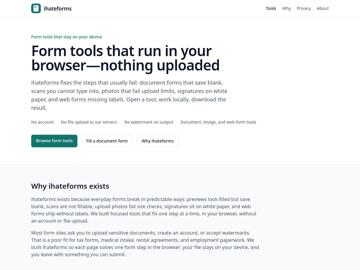 Landing-page snapshot of ihateforms.app