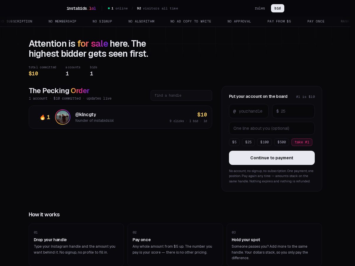 Landing-page snapshot of instabids.lol