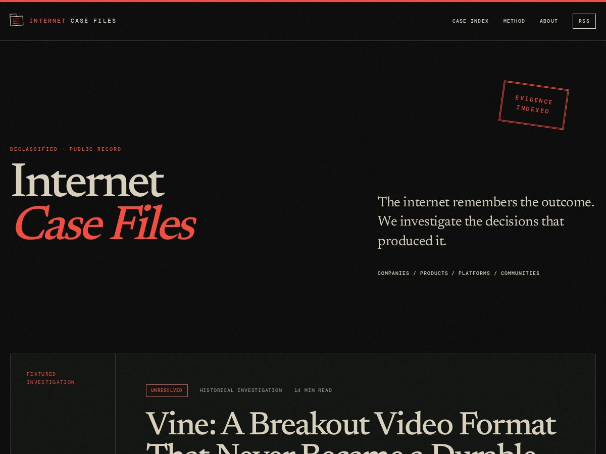 Landing-page snapshot of internetcasefiles.com