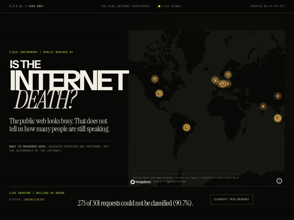 Landing-page snapshot of istheinternetdeath.com