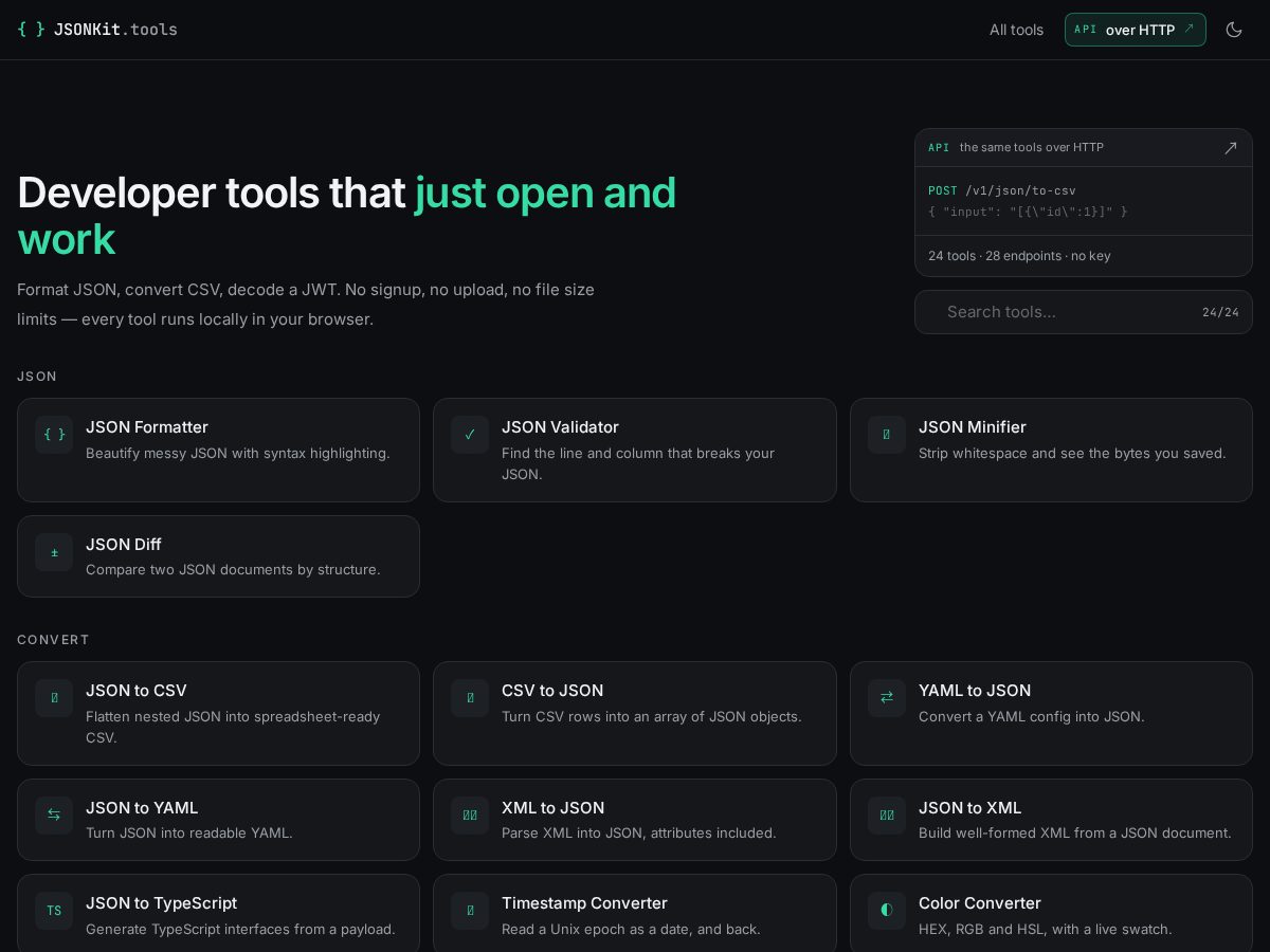 Landing-page snapshot of jsonkit.tools
