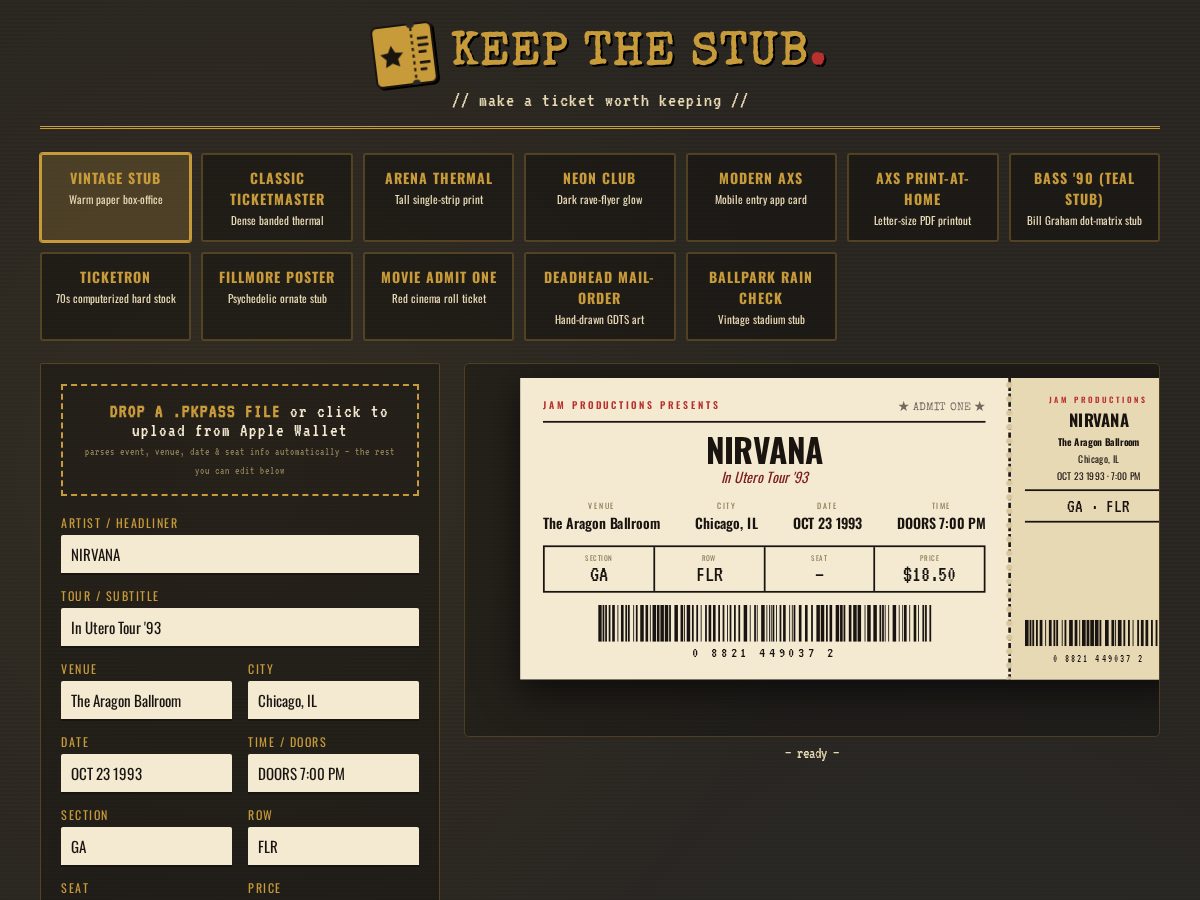 Landing-page snapshot of keepthestub.com