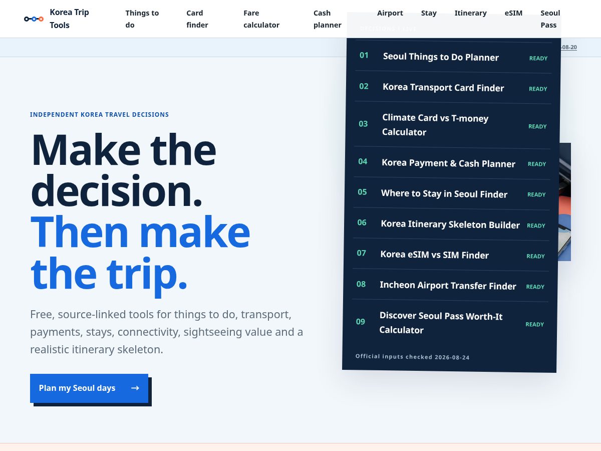 Landing-page snapshot of koreatriptools.com