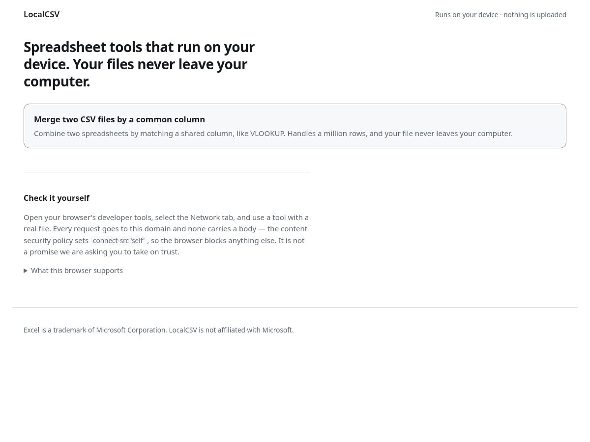Landing-page snapshot of localcsv.com