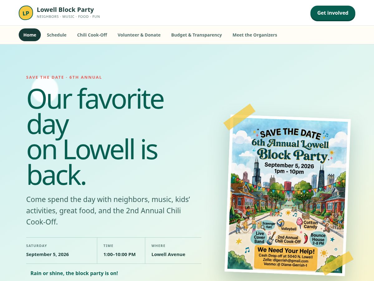 Landing-page snapshot of lowellblockparty.com