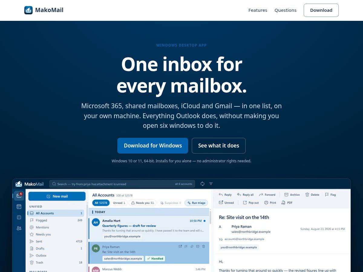 Landing-page snapshot of makomail.app