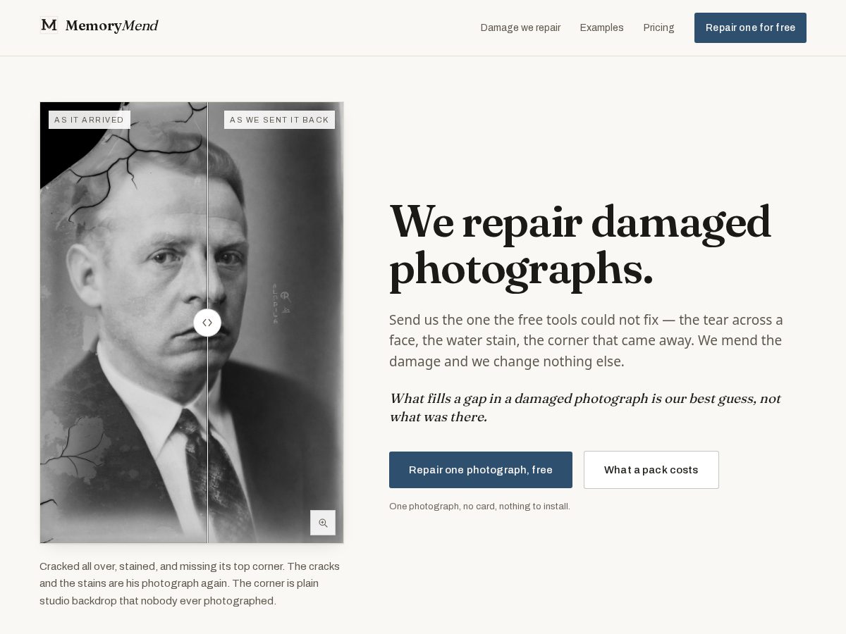 Landing-page snapshot of memorymend.app