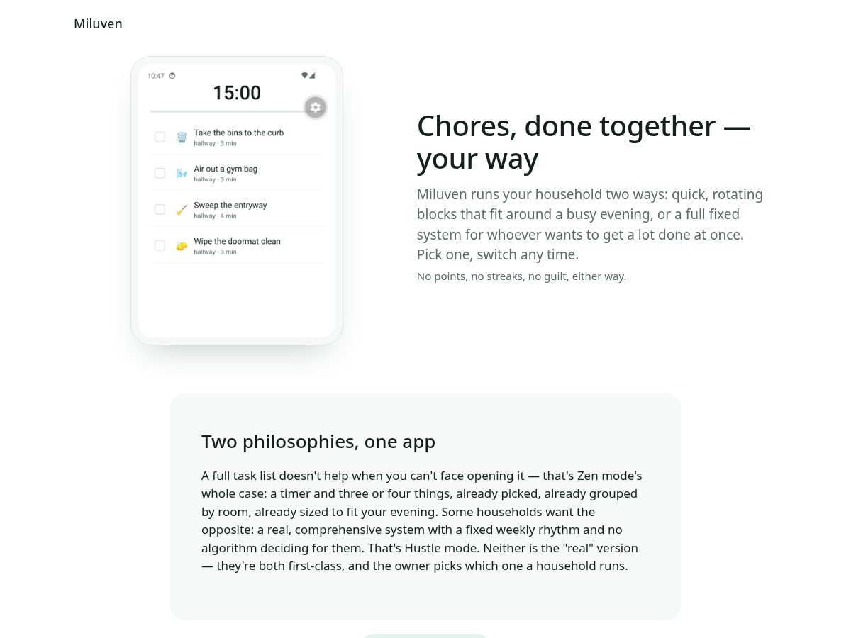 Landing-page snapshot of miluven.app