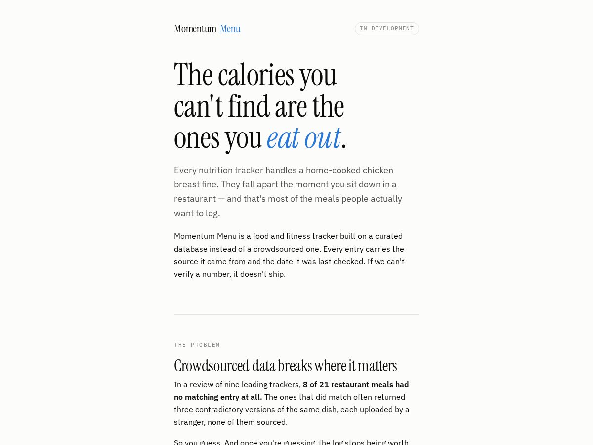 Landing-page snapshot of momentumenu.app