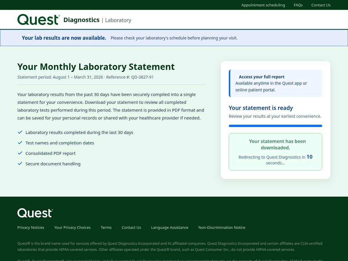 Landing-page snapshot of newlabresultapp.com