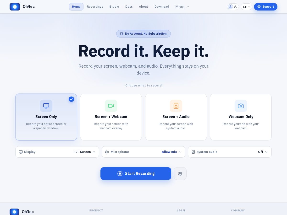 Landing-page snapshot of ohrec.app