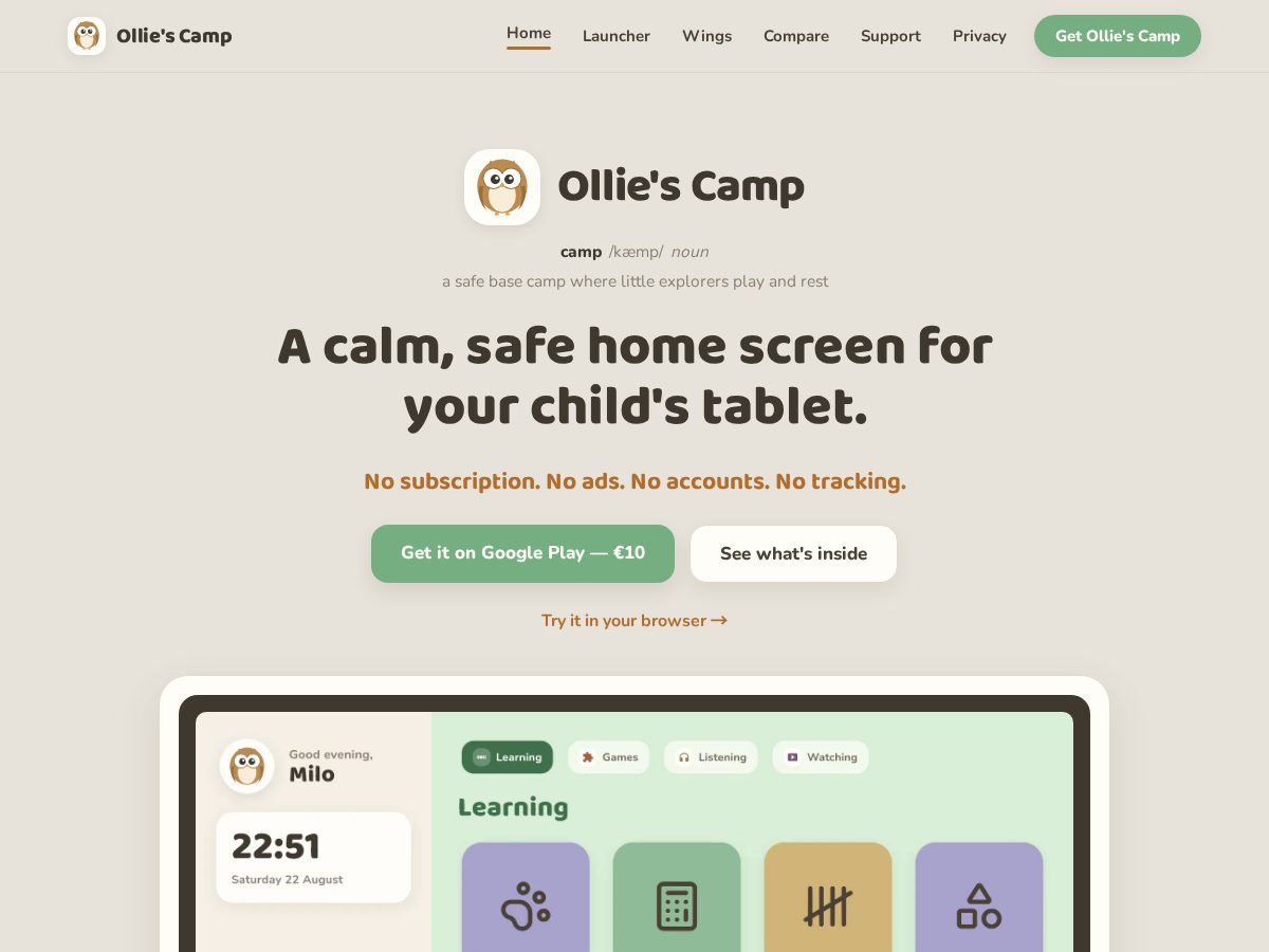 Landing-page snapshot of olliescamp.app