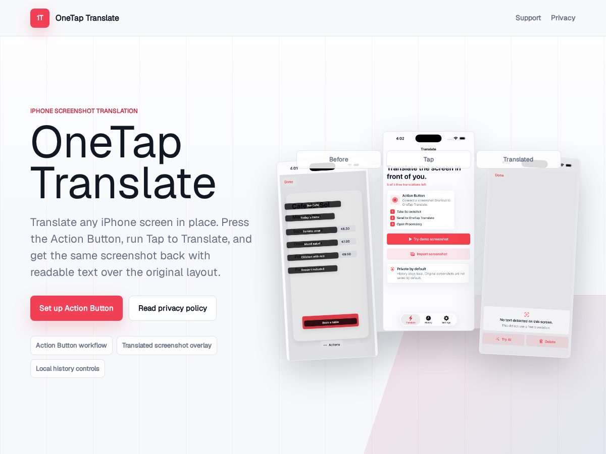 Landing-page snapshot of onetaptranslate.app