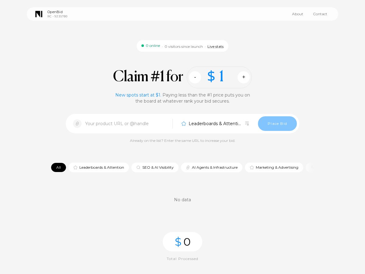 Landing-page snapshot of openbid.llc