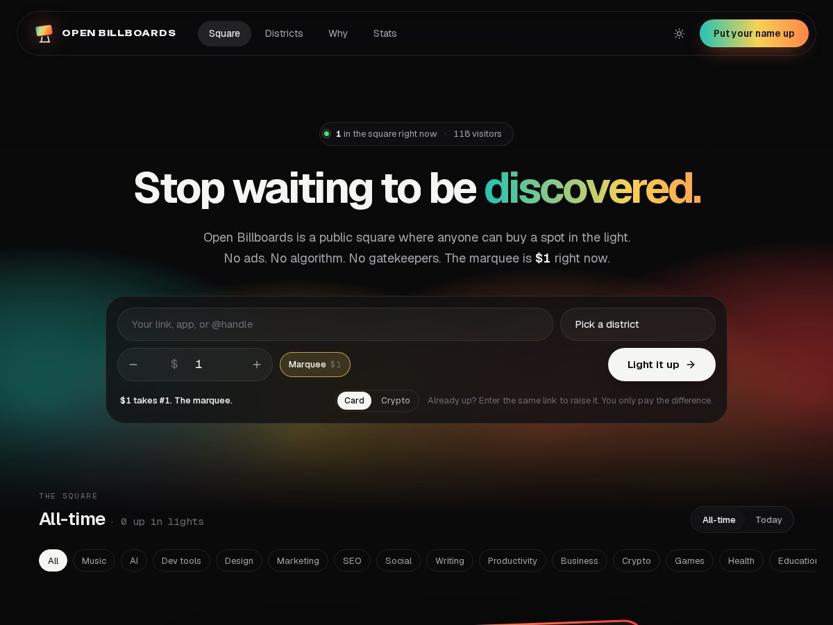 Landing-page snapshot of openbillboards.com