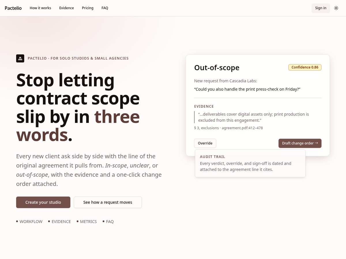 Landing-page snapshot of pactelio.com
