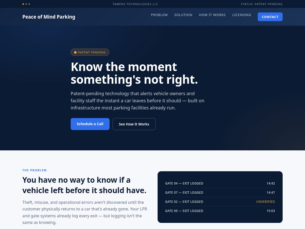 Landing-page snapshot of peaceofmindparking.net