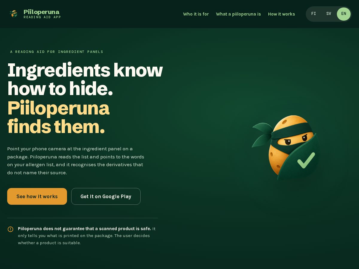 Landing-page snapshot of piiloperuna.app