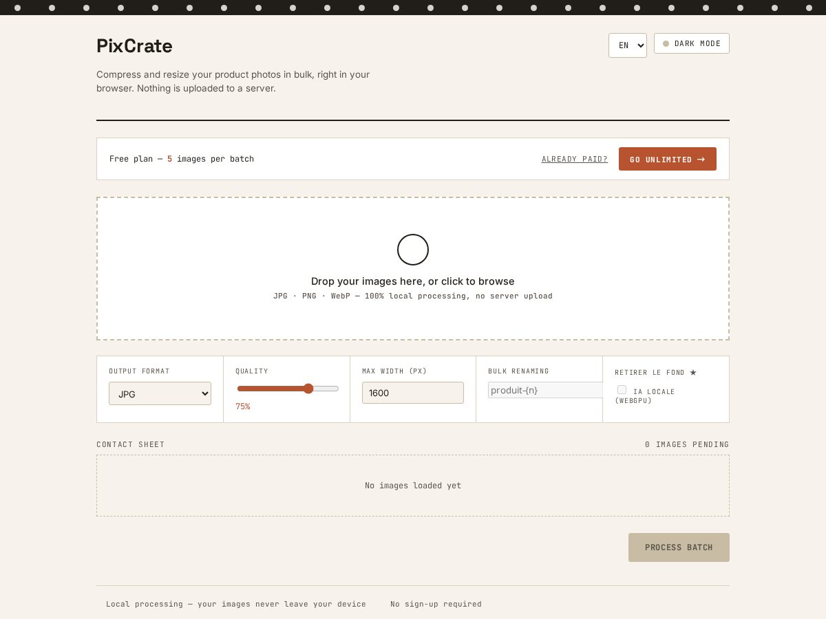 Landing-page snapshot of pixcrate.app