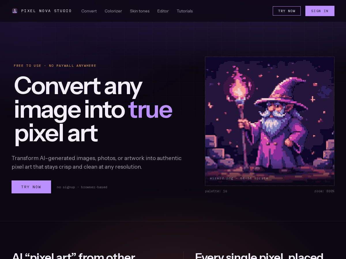 Landing-page snapshot of pixelnovastudio.app