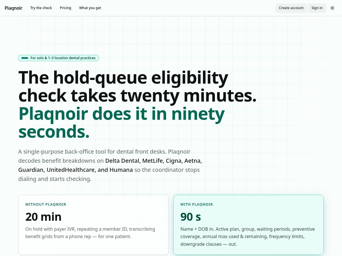 Landing-page snapshot of plaqnoirdental.com