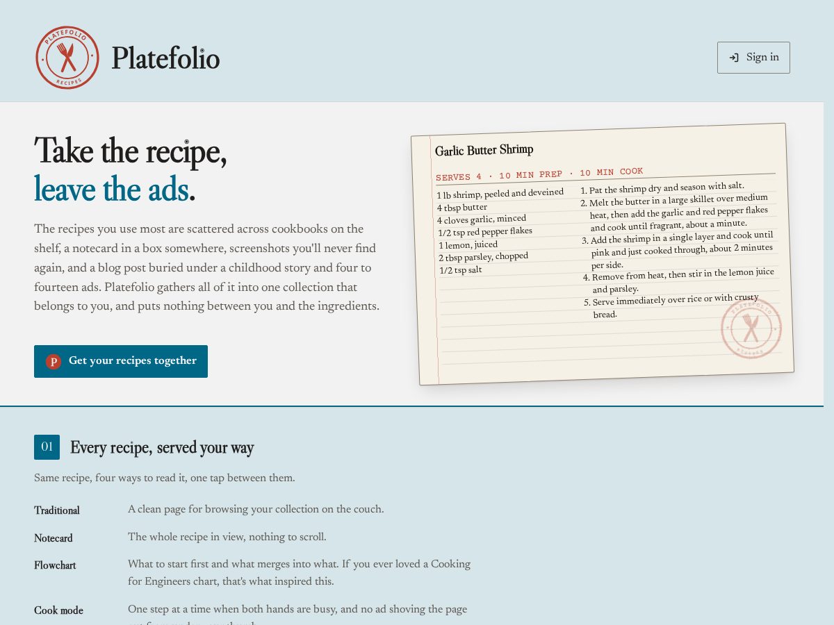 Landing-page snapshot of platefolio.app