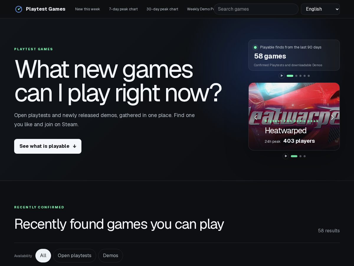 Landing-page snapshot of playtestgames.net