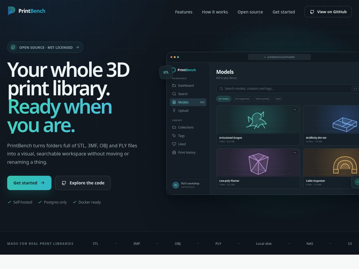 Landing-page snapshot of printbench.app