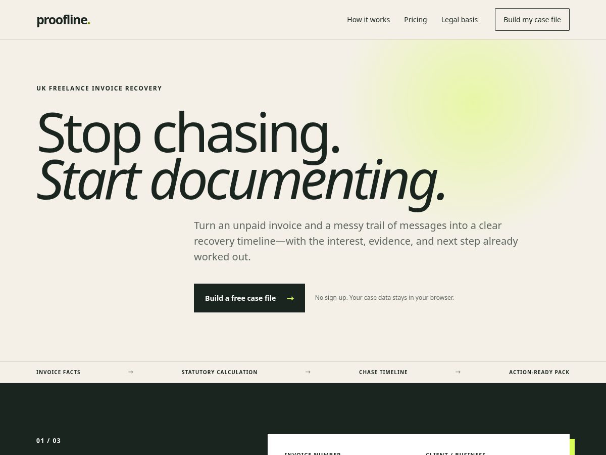 Landing-page snapshot of proofline.website