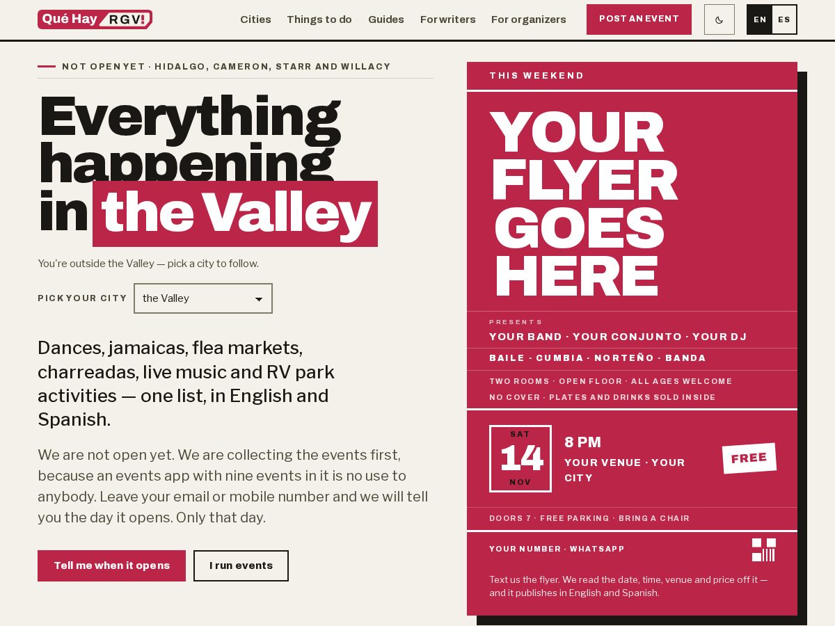 Landing-page snapshot of quehayrgv.com