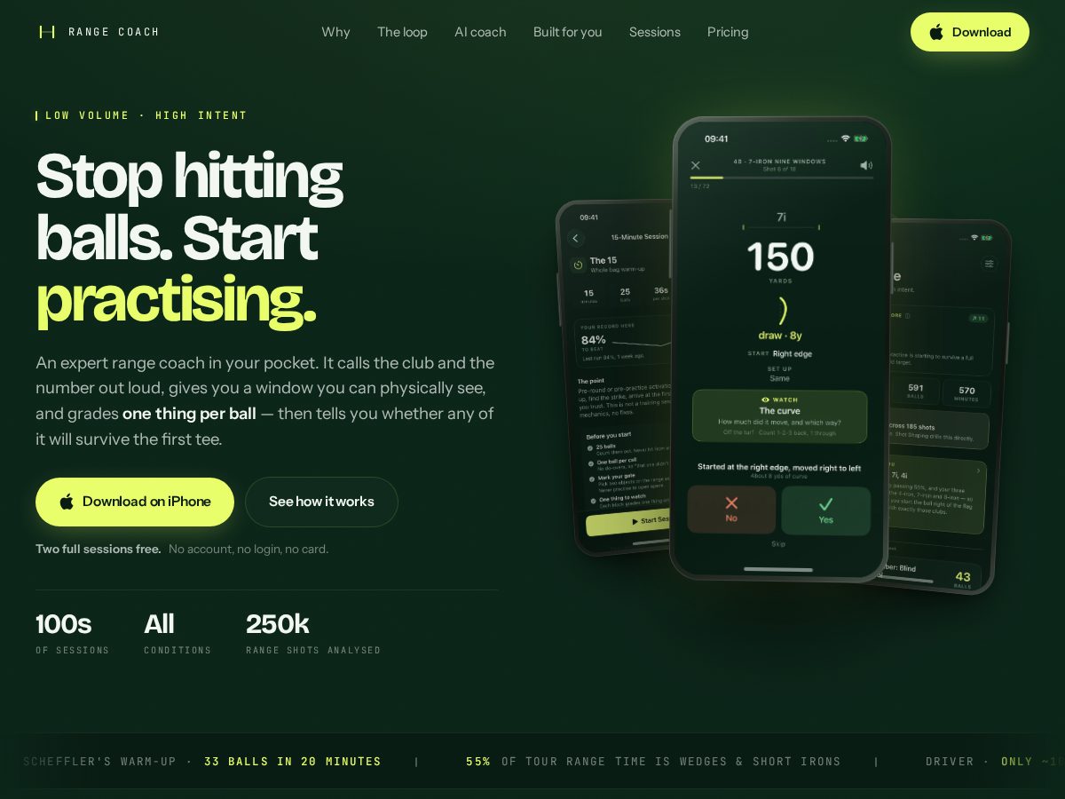 Landing-page snapshot of rangecoach.golf
