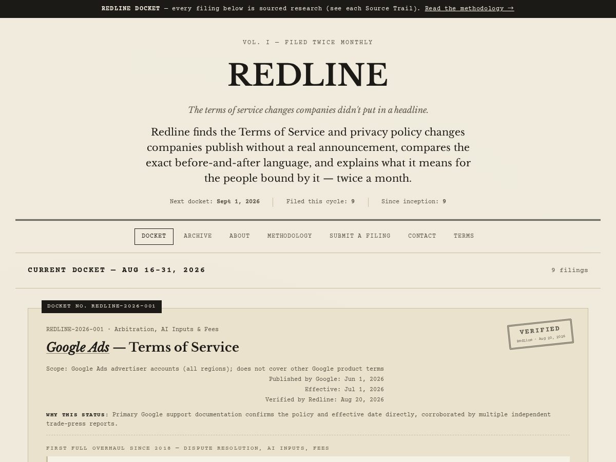 Landing-page snapshot of redlinedocket.com