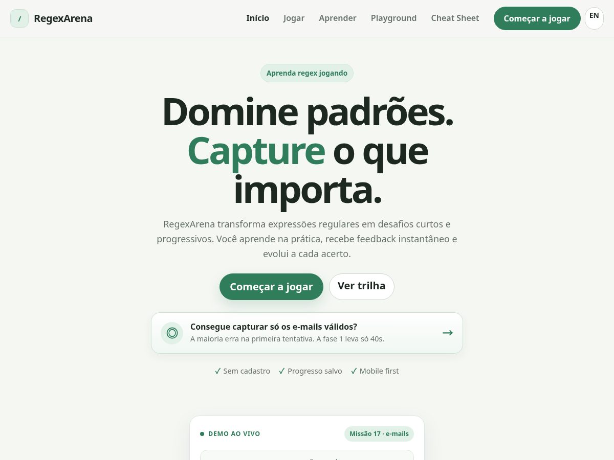 Landing-page snapshot of regexarena.com