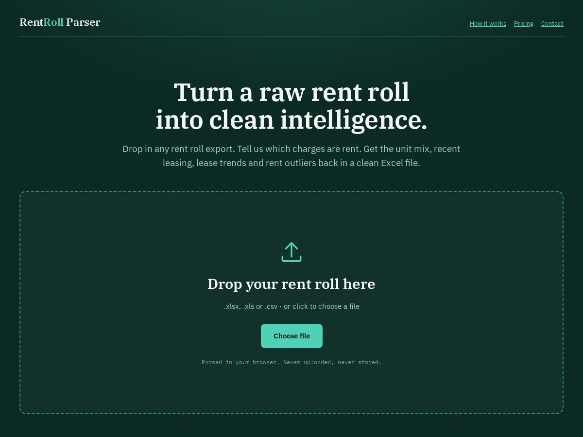 Landing-page snapshot of rentrollparser.com