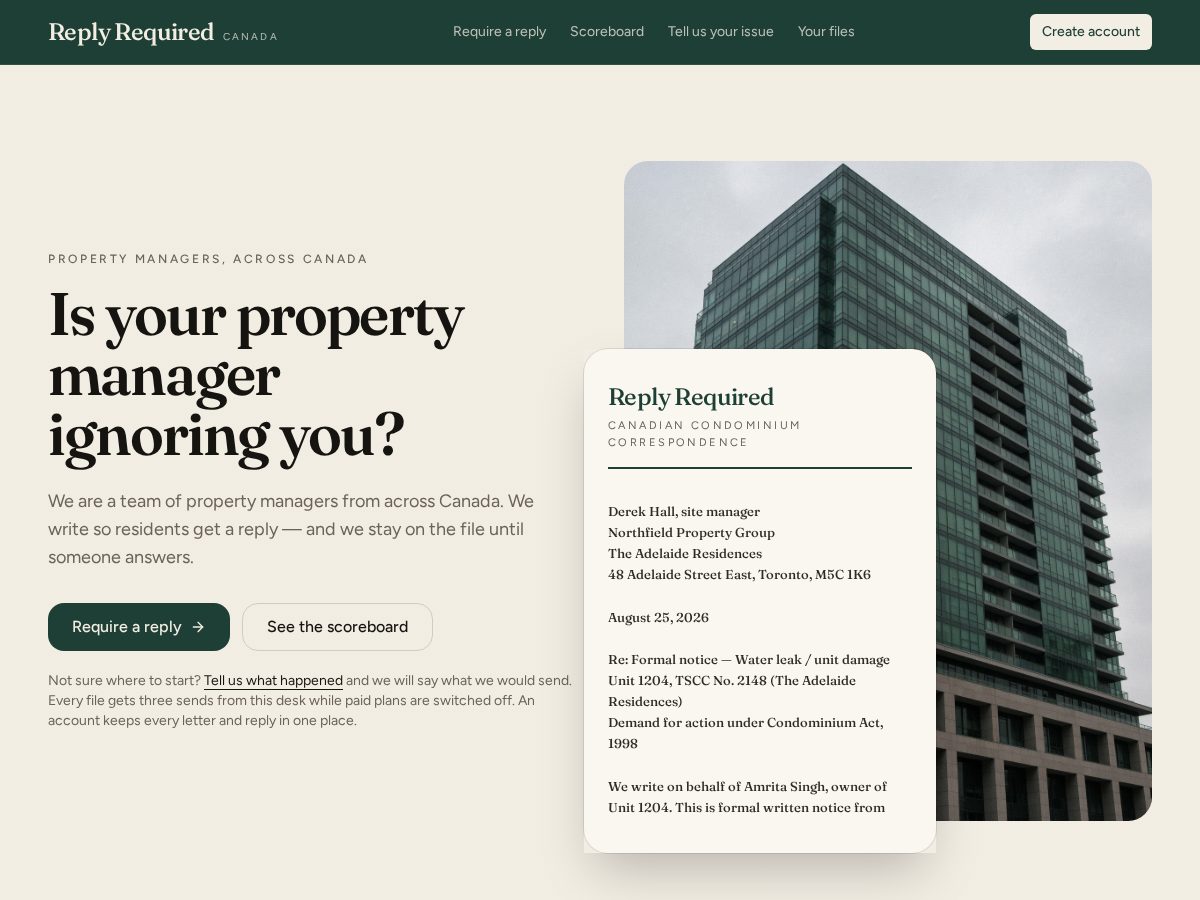 Landing-page snapshot of replyrequired.com