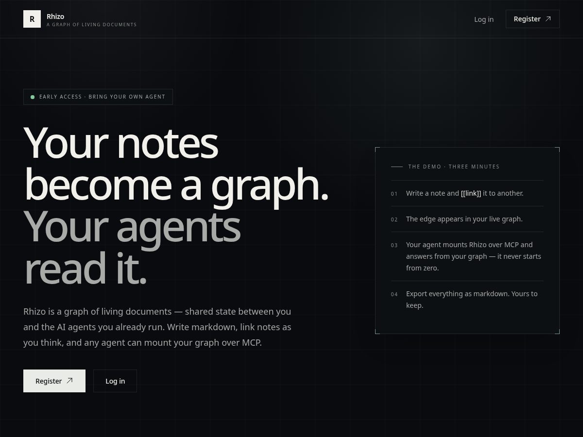 Landing-page snapshot of rhizo.ink