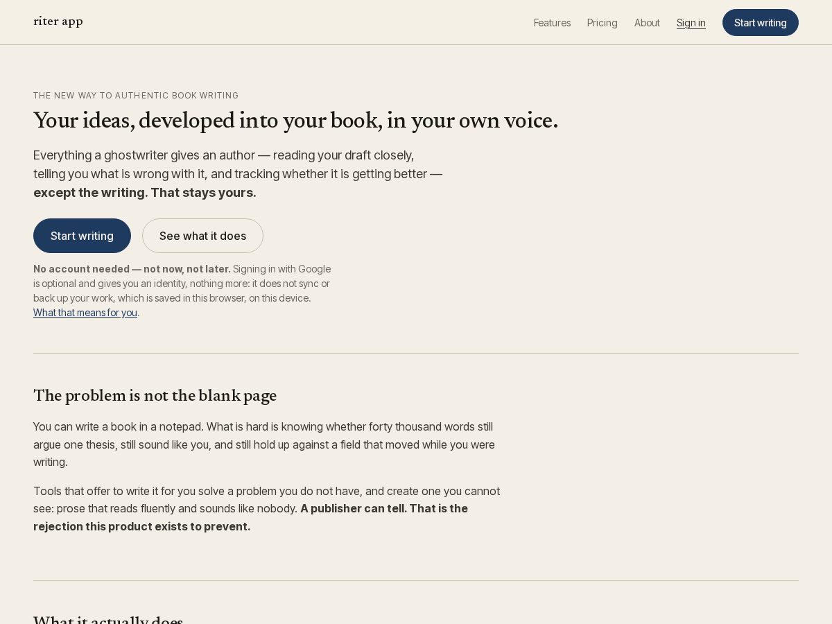 Landing-page snapshot of riter.app