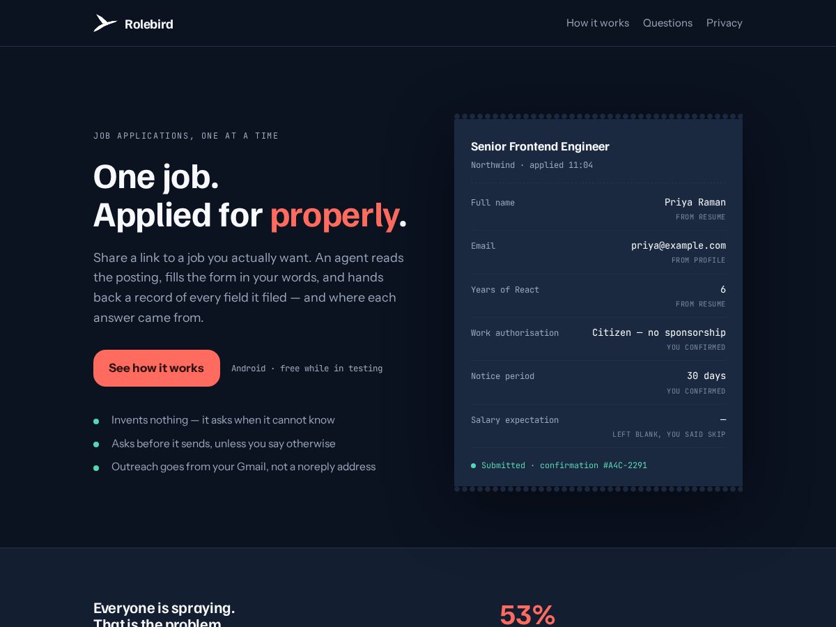 Landing-page snapshot of rolebird.app
