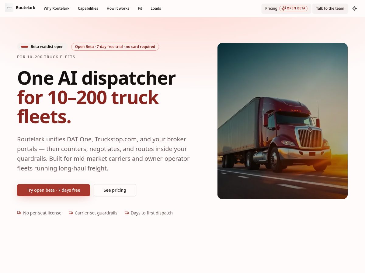 Landing-page snapshot of routelark.app