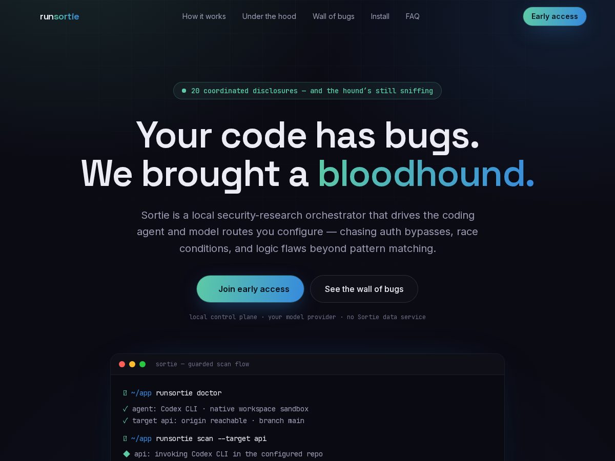 Landing-page snapshot of runsortie.xyz