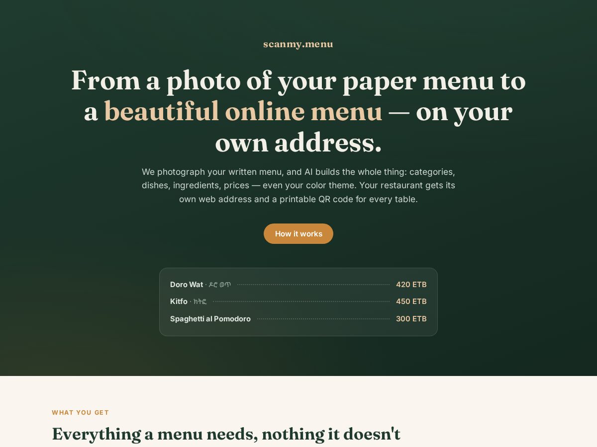 Landing-page snapshot of scanmy.menu