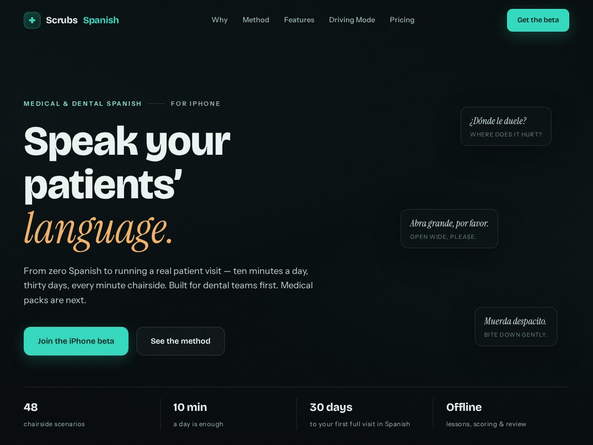 Landing-page snapshot of scrubsspanish.com