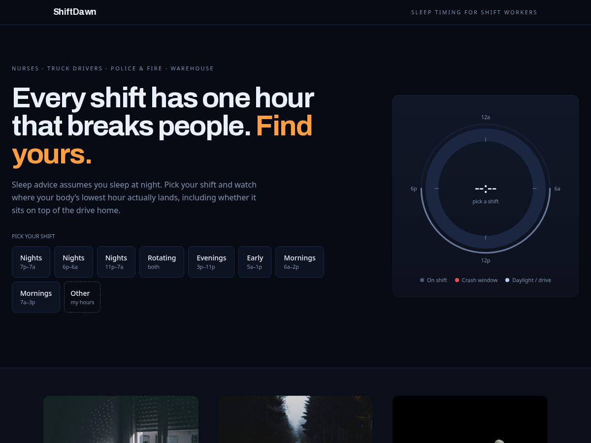 Landing-page snapshot of shiftdawn.com