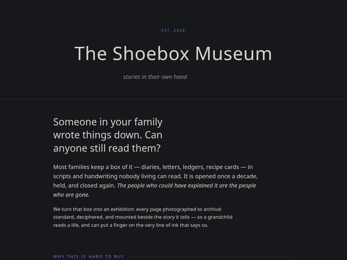 Landing-page snapshot of shoeboxmuseum.com