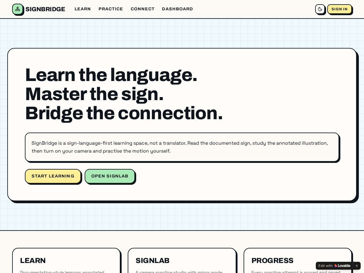 Landing-page snapshot of signbridge.app