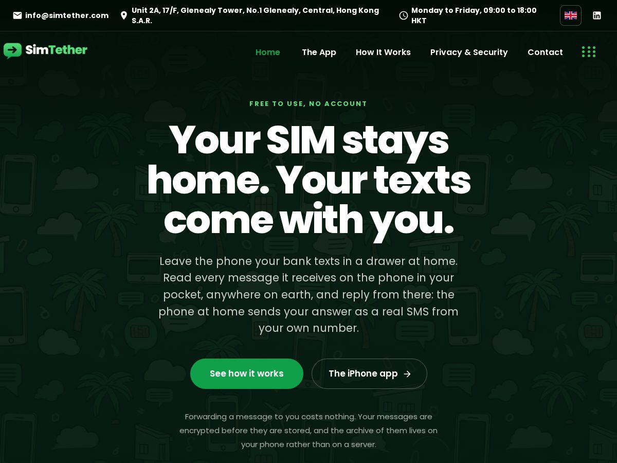 Landing-page snapshot of simtether.com
