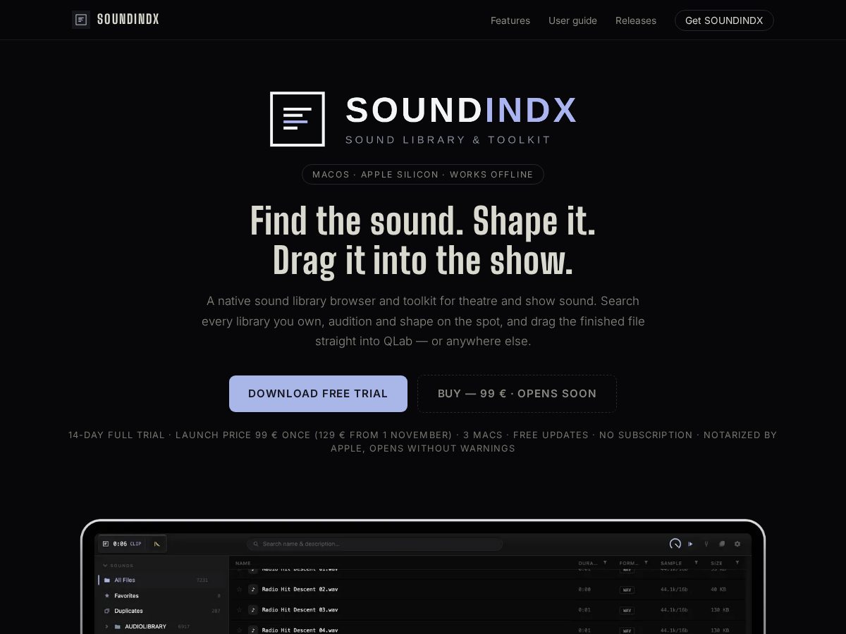 Landing-page snapshot of soundindx.app
