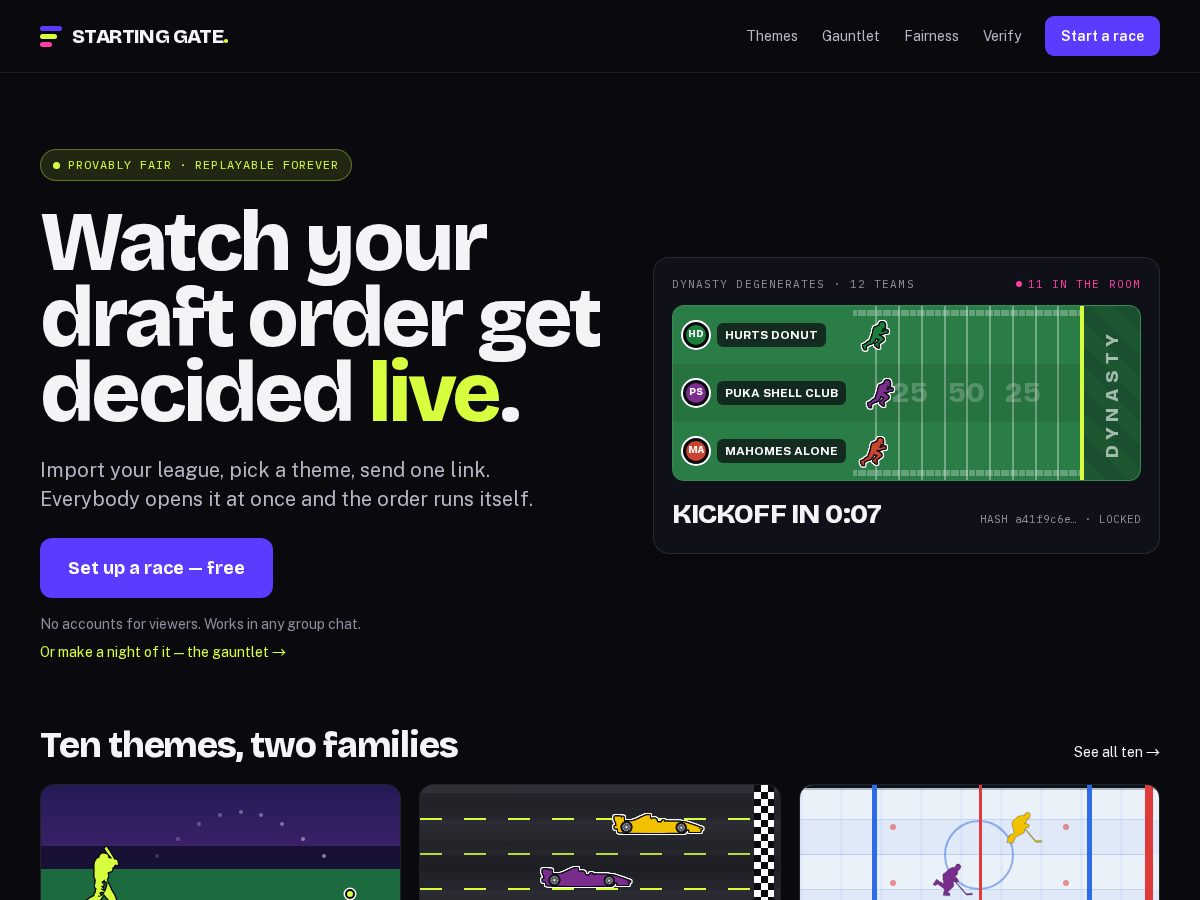 Landing-page snapshot of startinggate.app