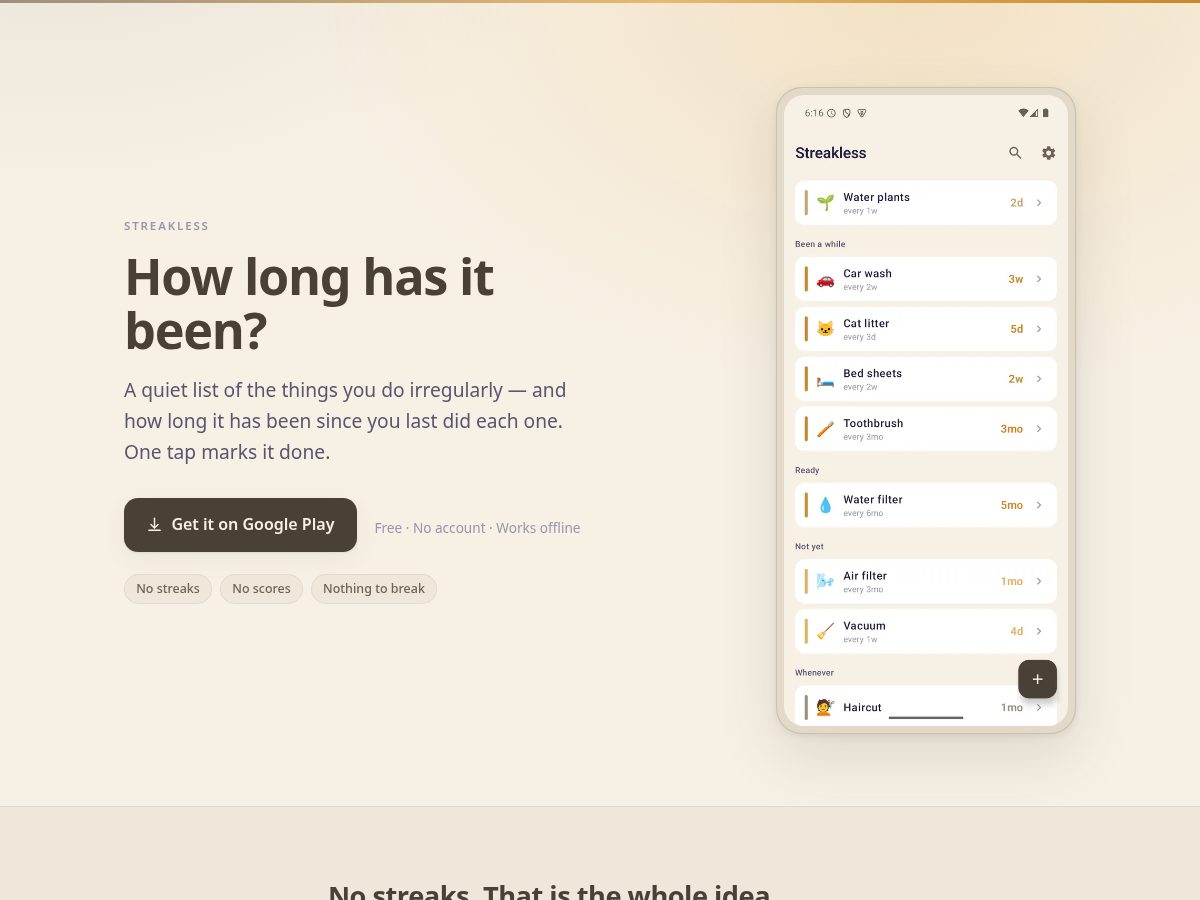 Landing-page snapshot of streakless.app